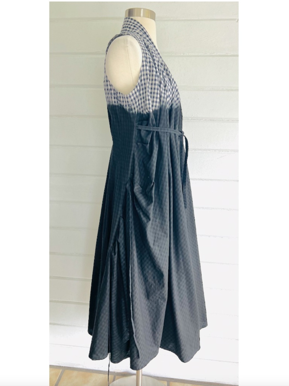 MARC LE BIHAN Dip Dyed Gingham Cotton Sleeveless Dress Navy Black - 38/S - Picture 2 of 15